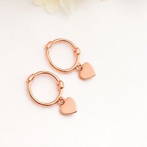 S925 Small hoop heart dangle huggie earrings-Rose Gold SH025
